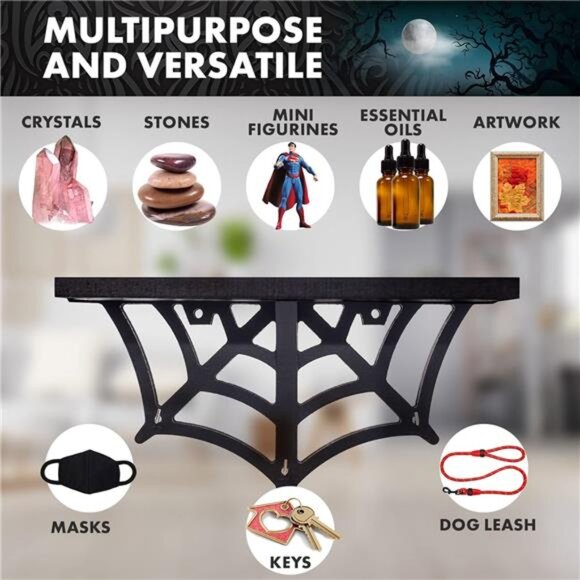 Spider Web Floating Shelf - Gothic Halloween Hanging Shelf with Hooks for Wall - Picture 6 of 7